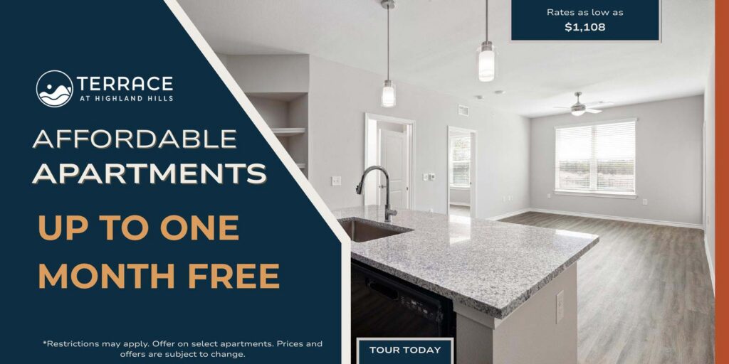 Banner promoting up to one month free rent on select apartments. Starting at $1,108 - prices and offers subject to change